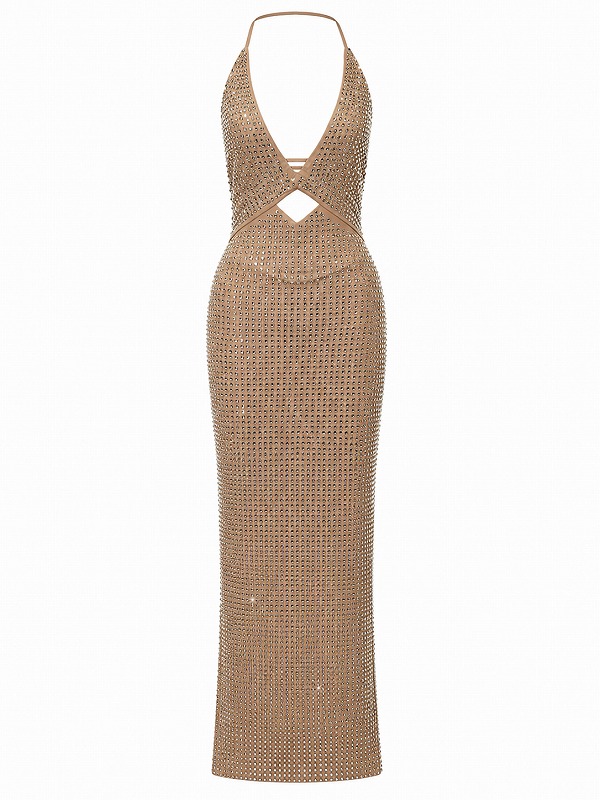 【新品DRESS 2003】総ビジューカットアウトタイトロングドレス ベージュ